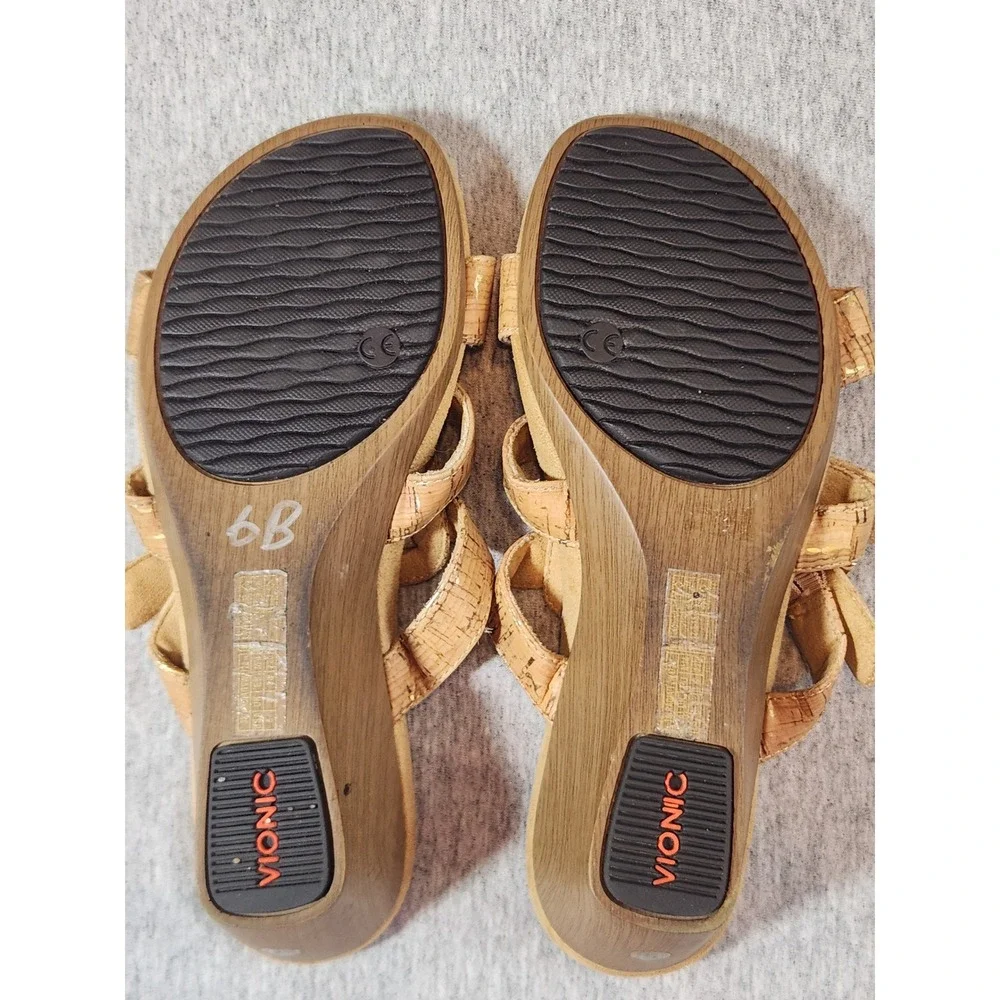 Vionic Wedge Sandals Womens 5 Tan Cork Metallic Gold Studded Strappy Slide